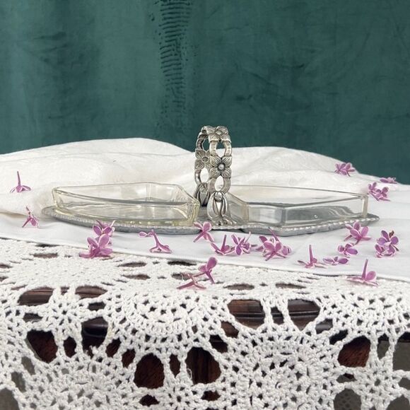 Vintage Floral Pewter Silver Tray with Glass Dishes - Picture 2 of 8
